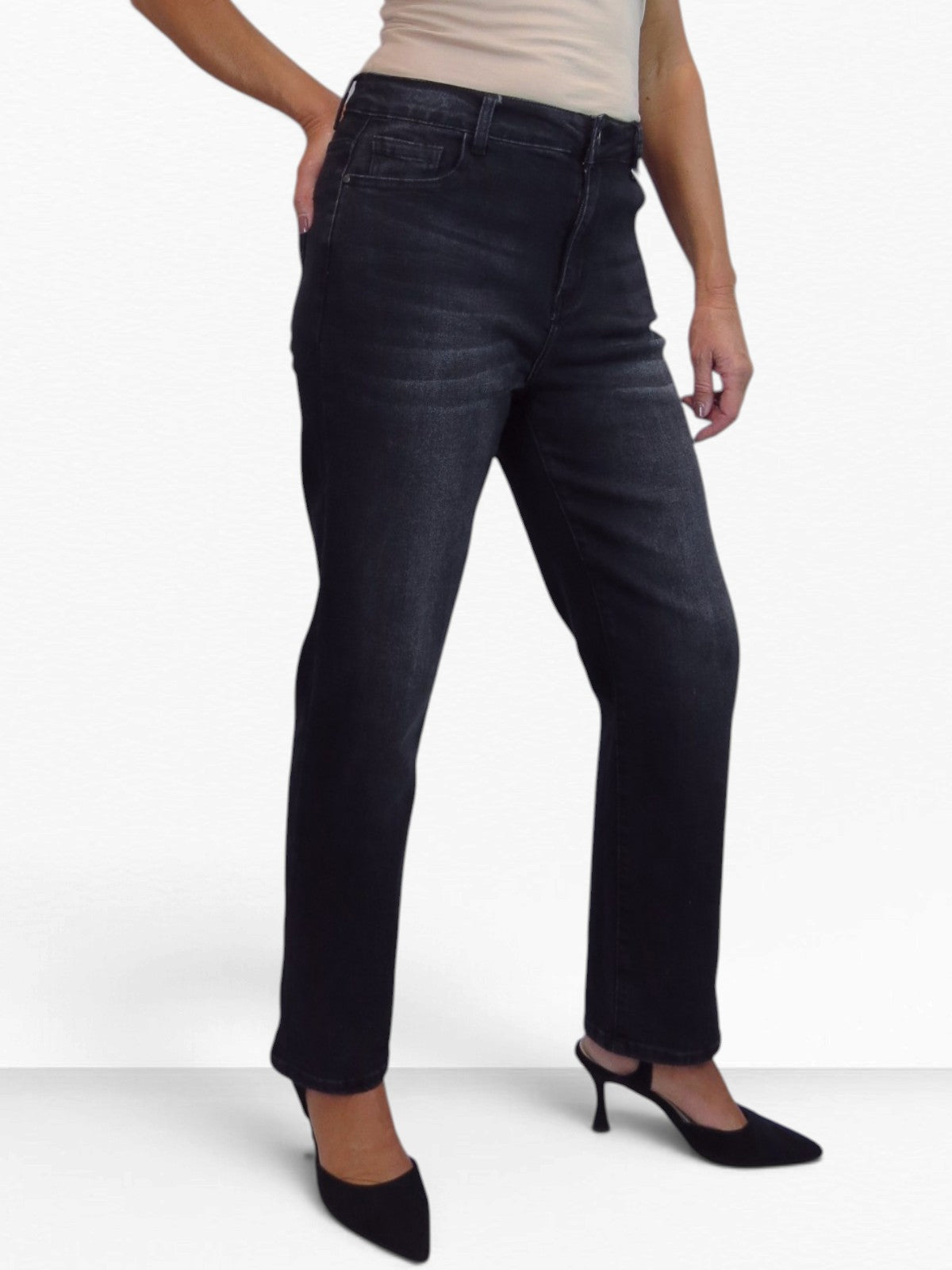 Womens High Waist Stretch Denim Straight Leg Jeans Black