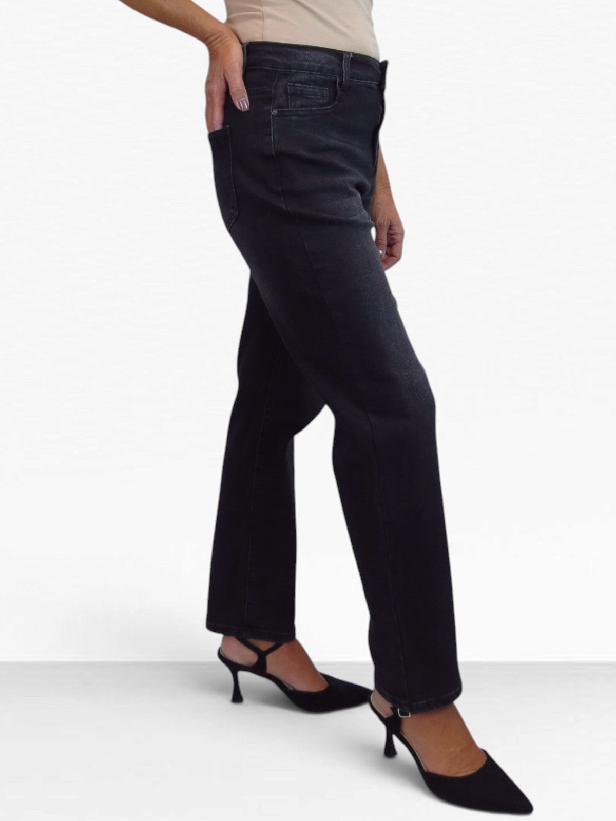 Womens High Waist Stretch Denim Straight Leg Jeans Black