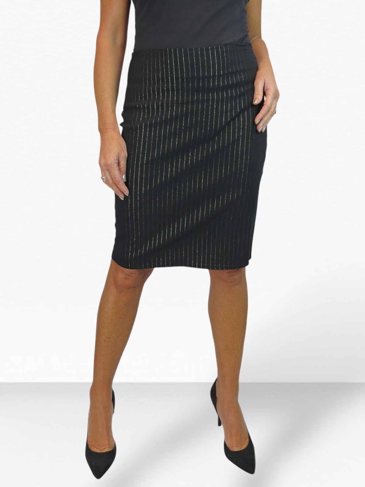 Stretch Bodycon Pencil Skirt Black With Gold Pinstripe