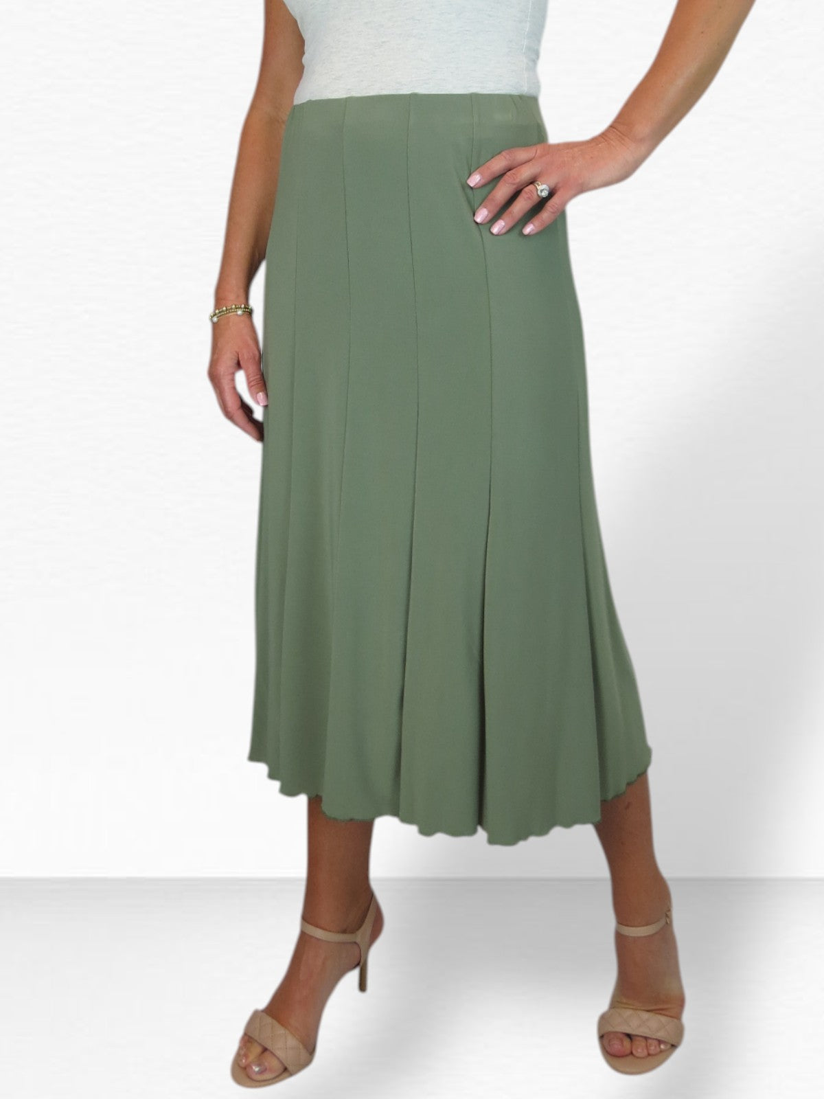 Smart Midi Panel Fishtail Lined Skirt Olive Green