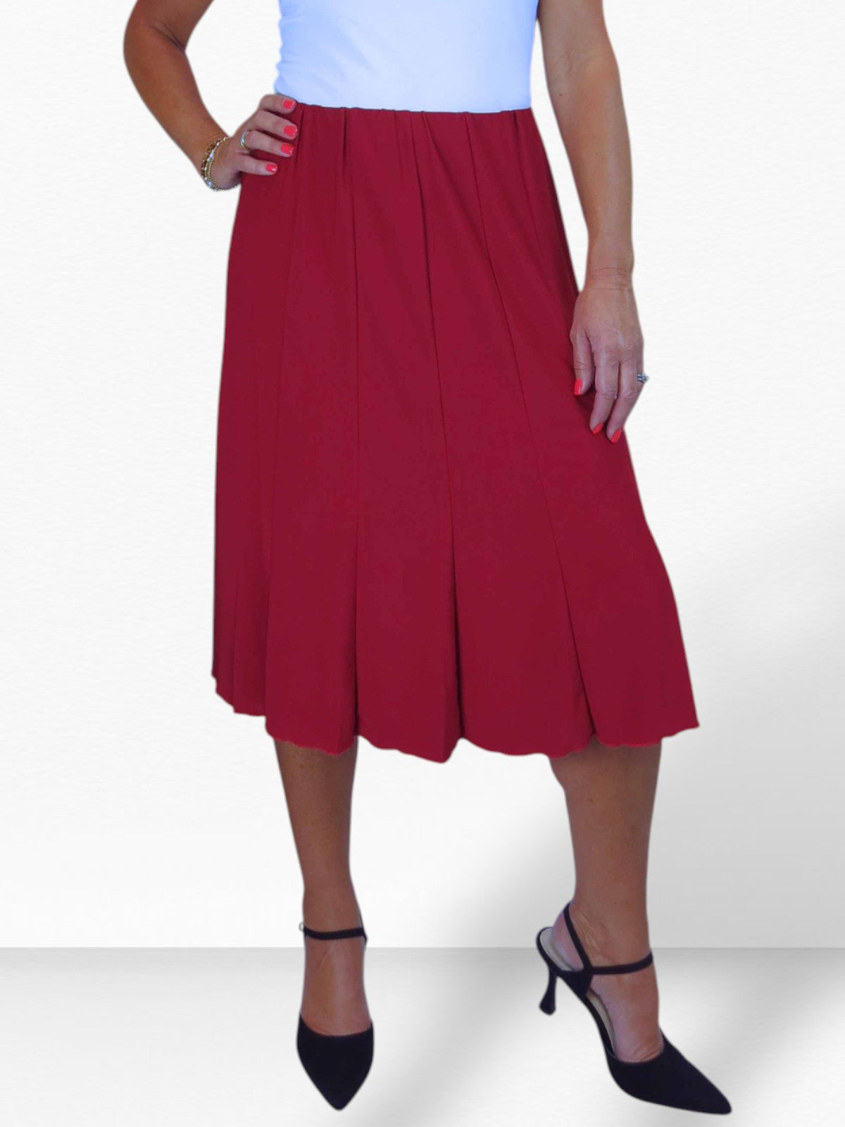 Smart Lined Stretch Below Knee Flare Skirt Deep Red