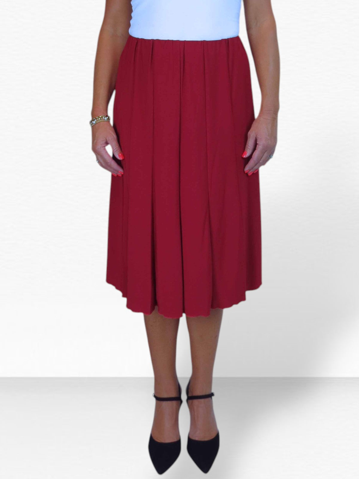 Smart Lined Stretch Below Knee Flare Skirt Deep Red