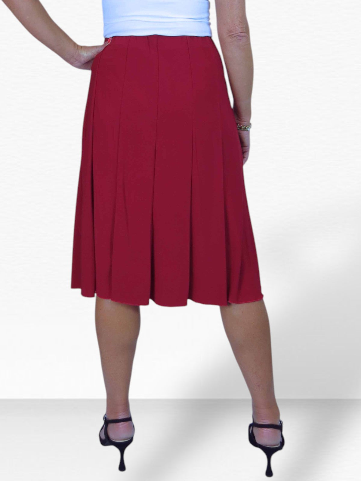 Smart Lined Stretch Below Knee Flare Skirt Deep Red