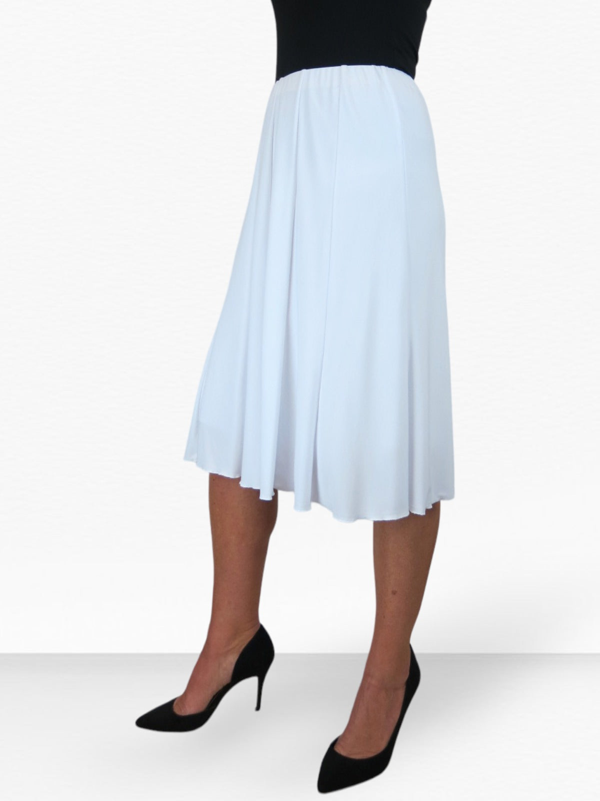 Fully Lined Stretch Below Knee Flare Skirt White