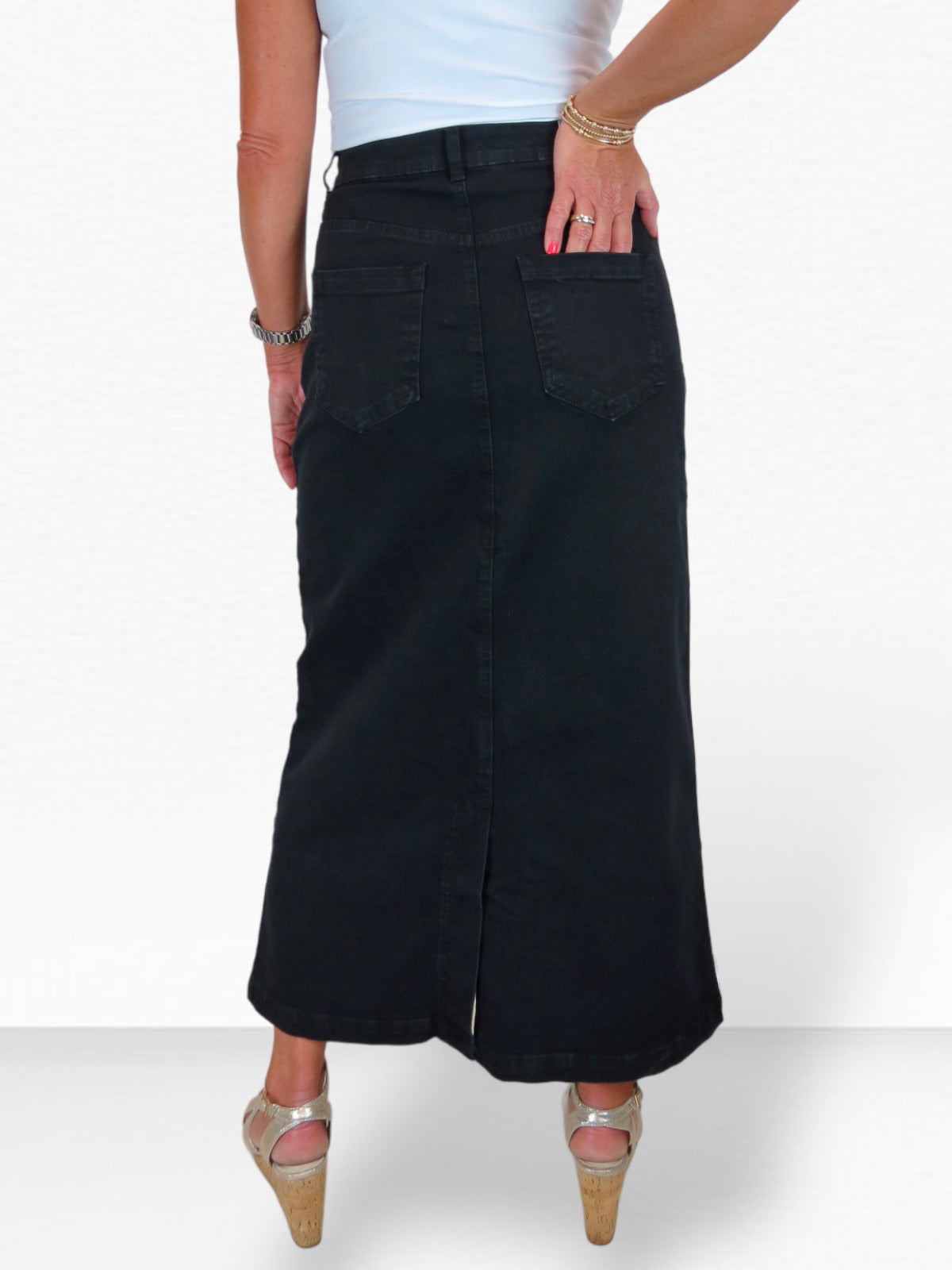 Stretch Denim Jeans Maxi Skirt Black