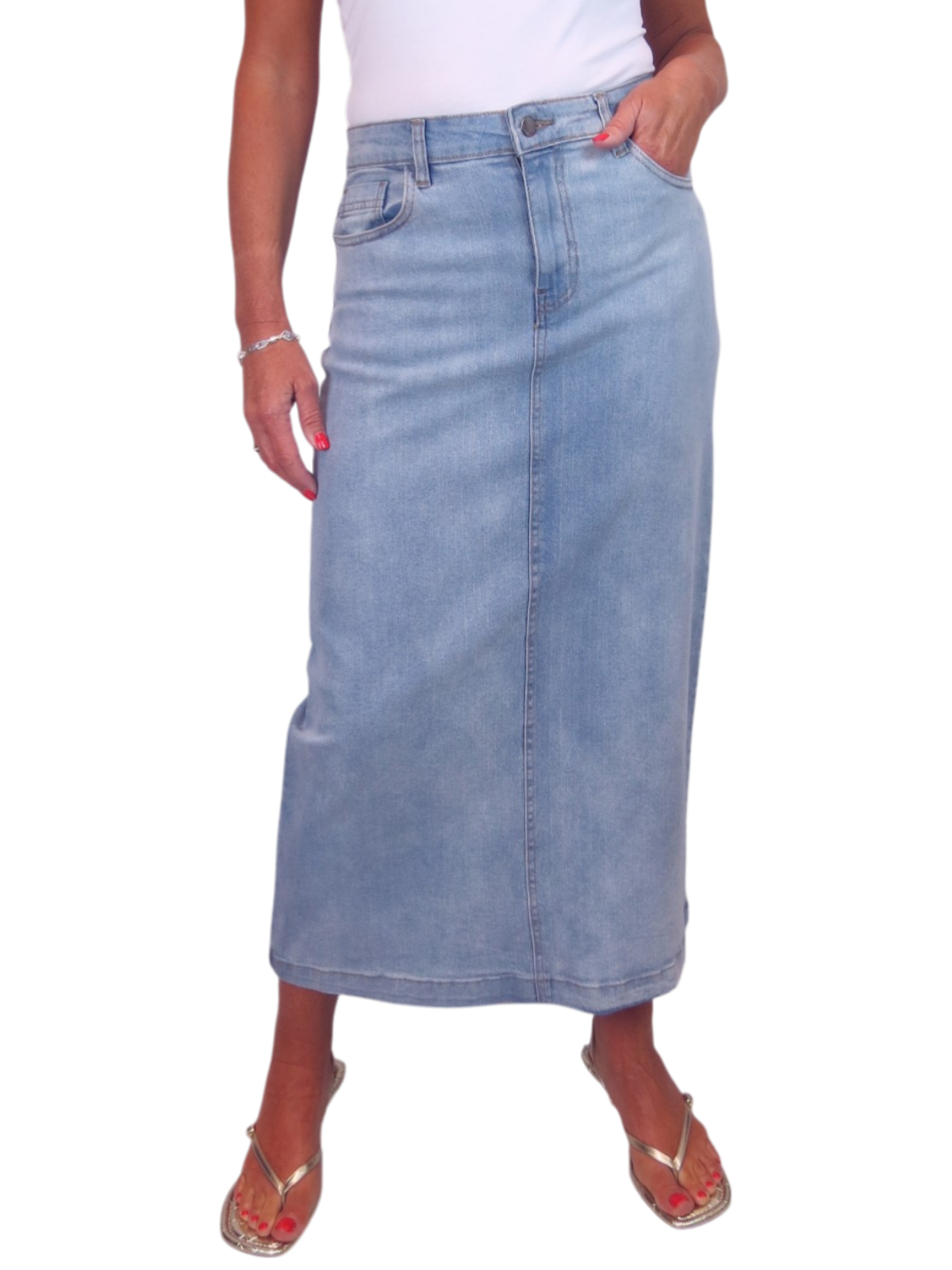 Stretch Denim Jeans Maxi Skirt Bleach Blue