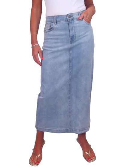Stretch Denim Jeans Maxi Skirt Bleach Blue