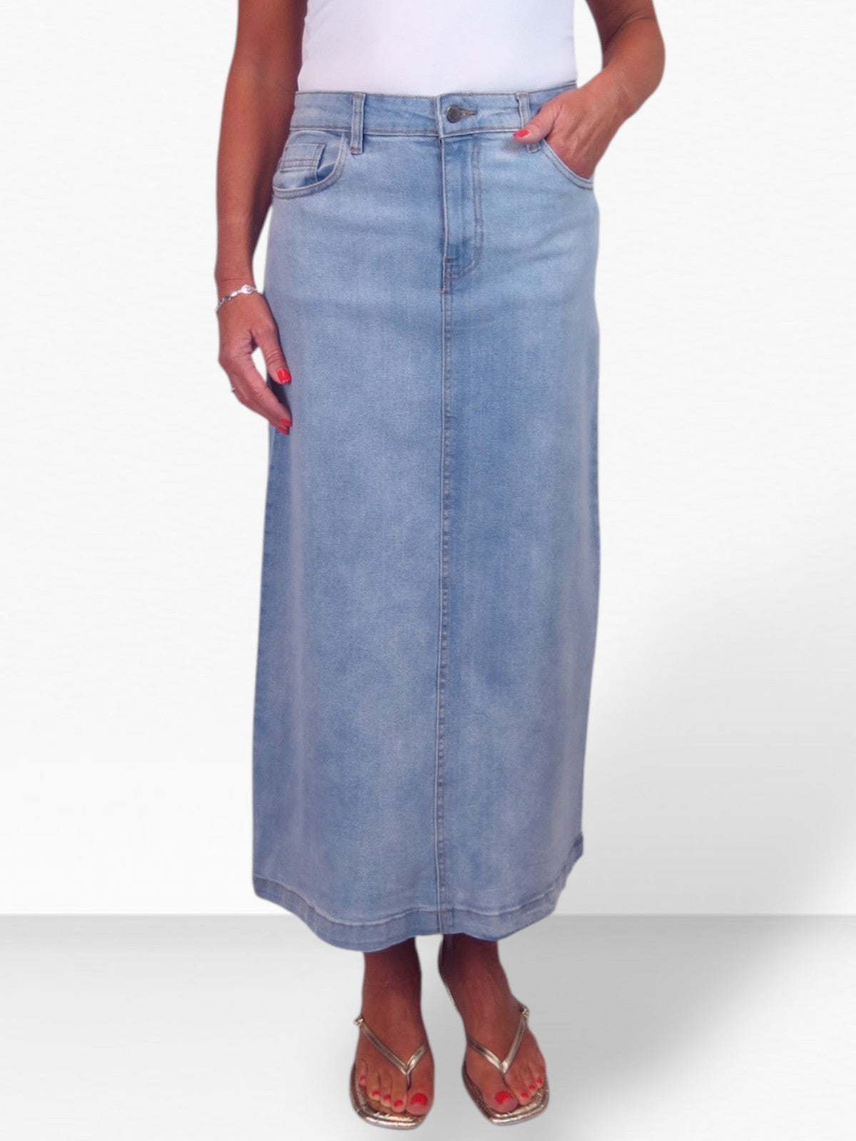 Stretch Denim Jeans Maxi Skirt Bleach Blue