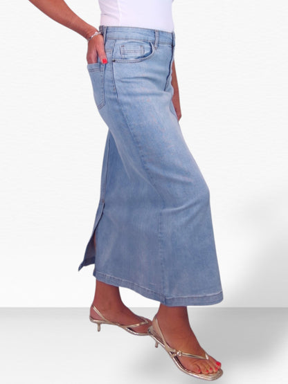 Stretch Denim Jeans Maxi Skirt Bleach Blue