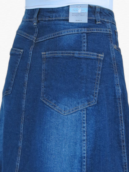 Stretch Denim Flared Maxi Skirt Dark Fade Blue