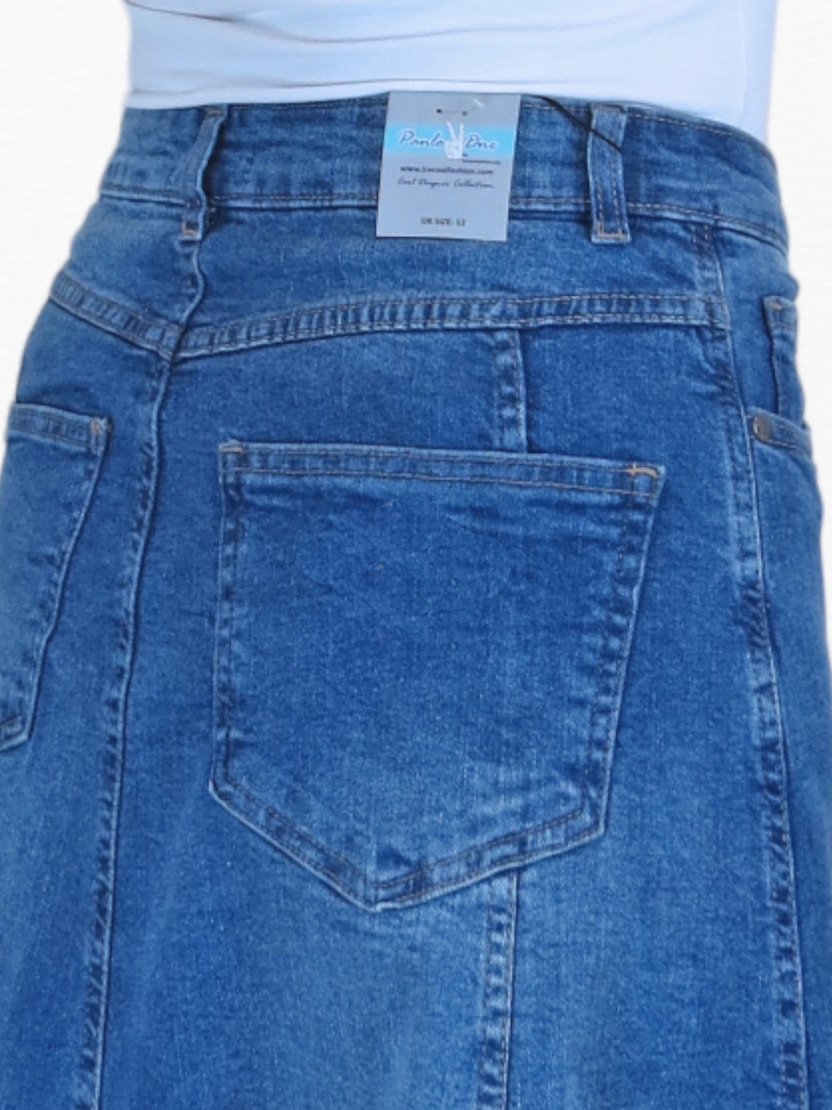 Stretch Denim Flared Maxi Skirt Fade Mid Blue