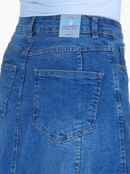 Stretch Denim Flared Maxi Skirt Fade Mid Blue