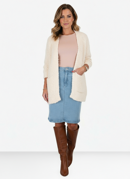 Stretch Denim Knee Length Pencil Skirt Bleach Pale Blue