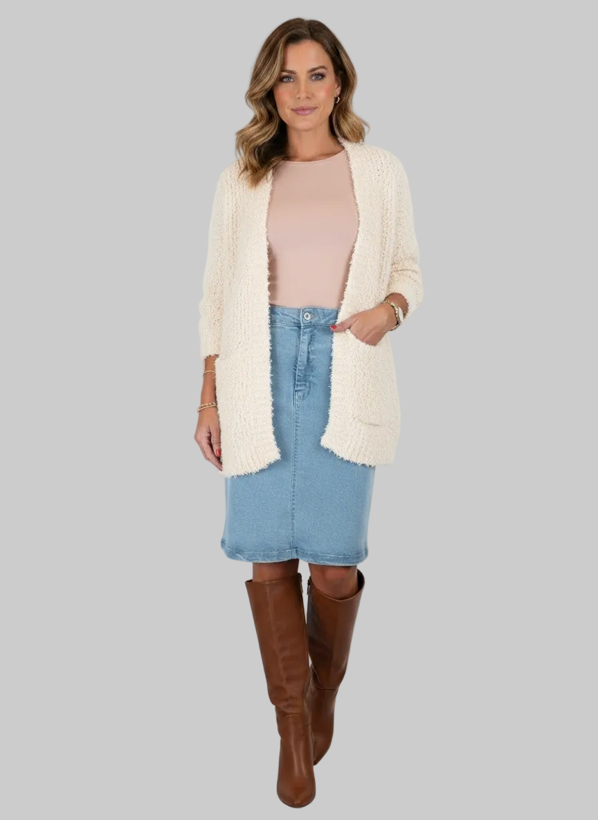 Stretch Denim Knee Length Pencil Skirt Bleach Pale Blue