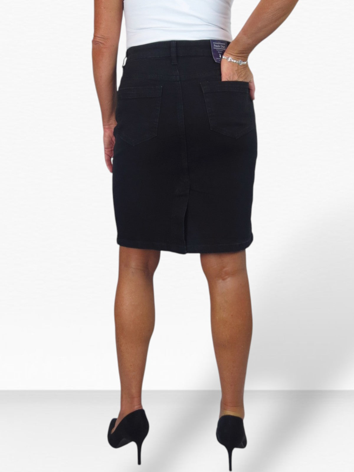 Stretch Denim Knee Length Pencil Skirt Smooth Black