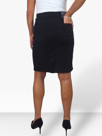 Stretch Denim Knee Length Pencil Skirt Smooth Black