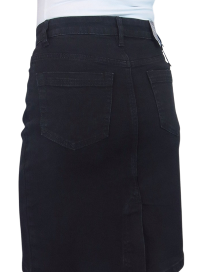 Stretch Denim Knee Length Pencil Skirt Smooth Black