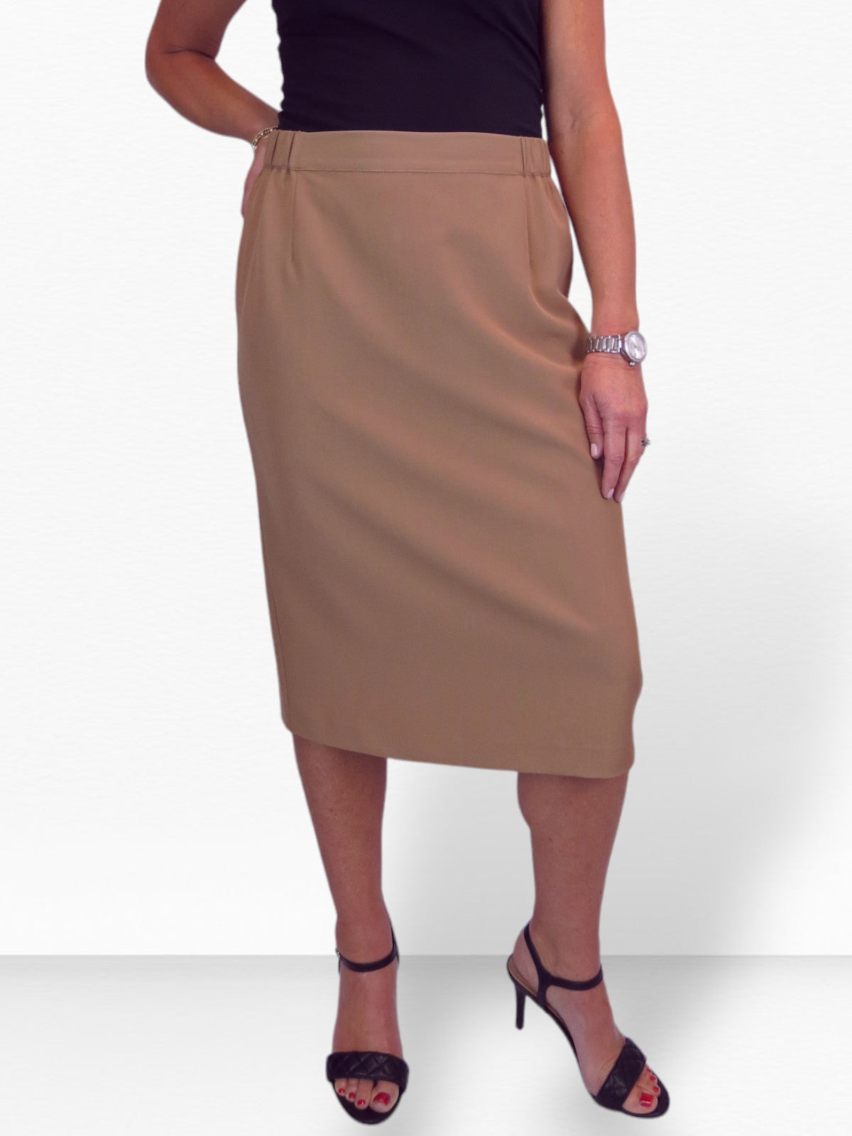 Women's Smart Elasticated Waist Pencil Skirt Tan