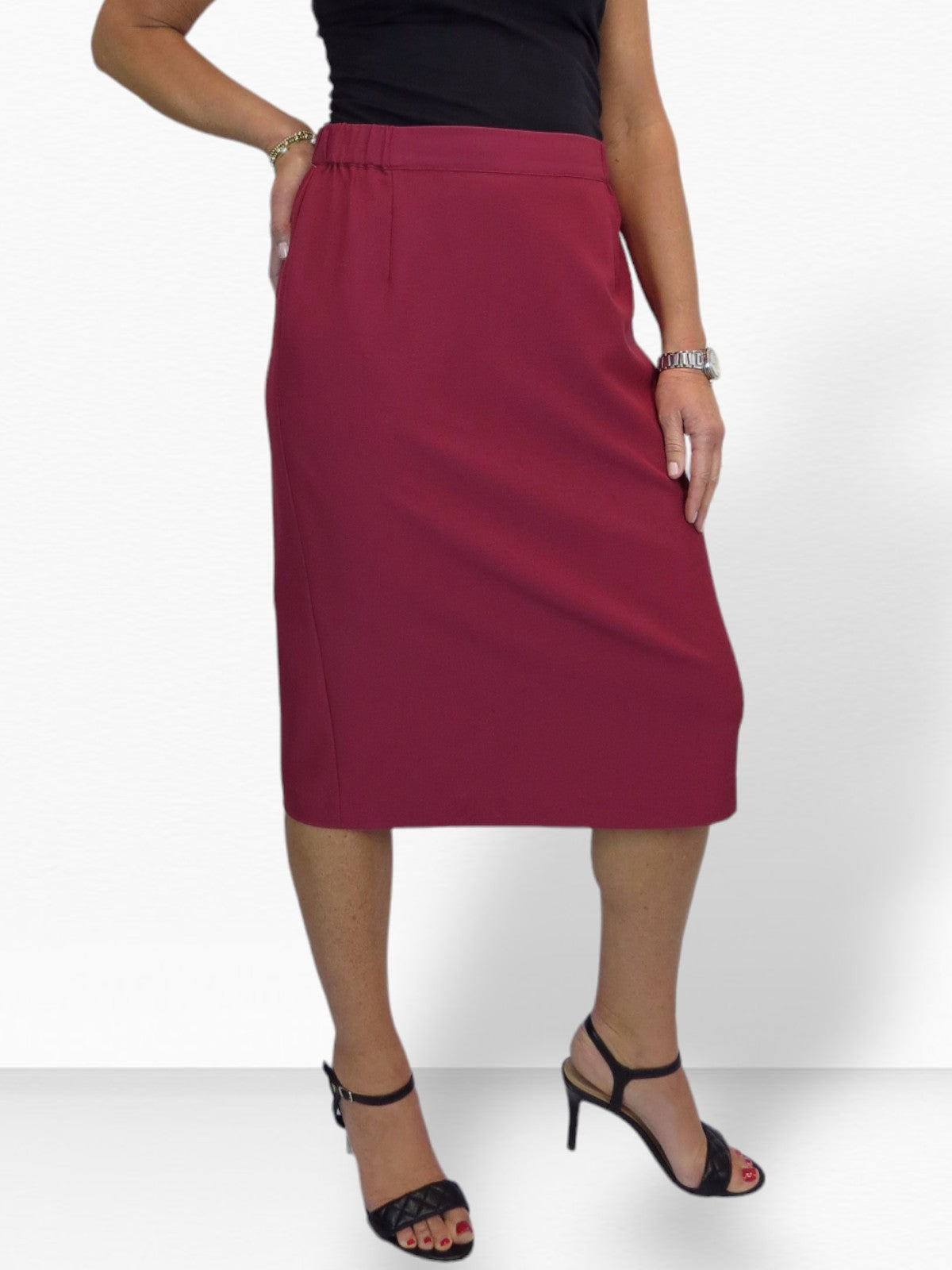 Women's Smart Elasticated Waist Pencil Skirt Burgundy