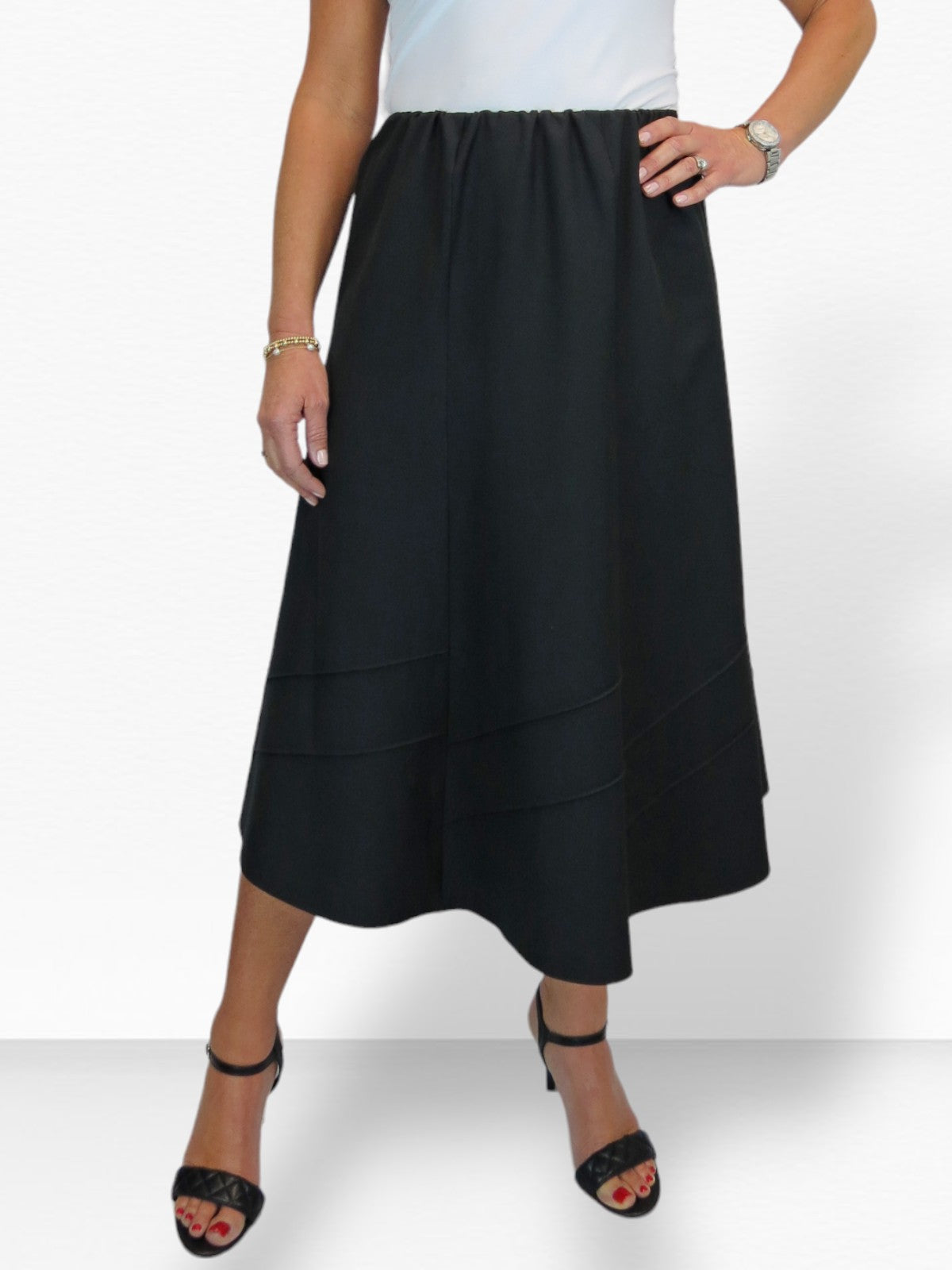 Women's Smart Flared Midi Skirt Elastic Waist Black