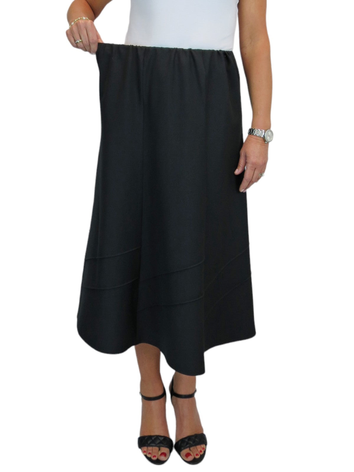 Women's Smart Flared Midi Skirt Elastic Waist Black