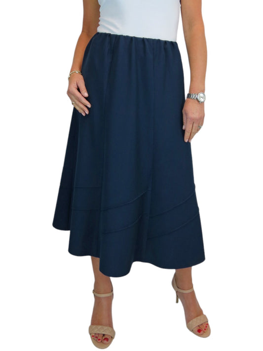 Women's Smart Flared Midi Skirt Elastic Waist Navy Blue