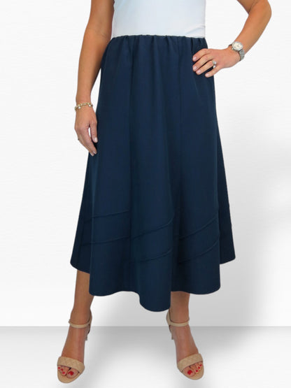Women's Smart Flared Midi Skirt Elastic Waist Navy Blue