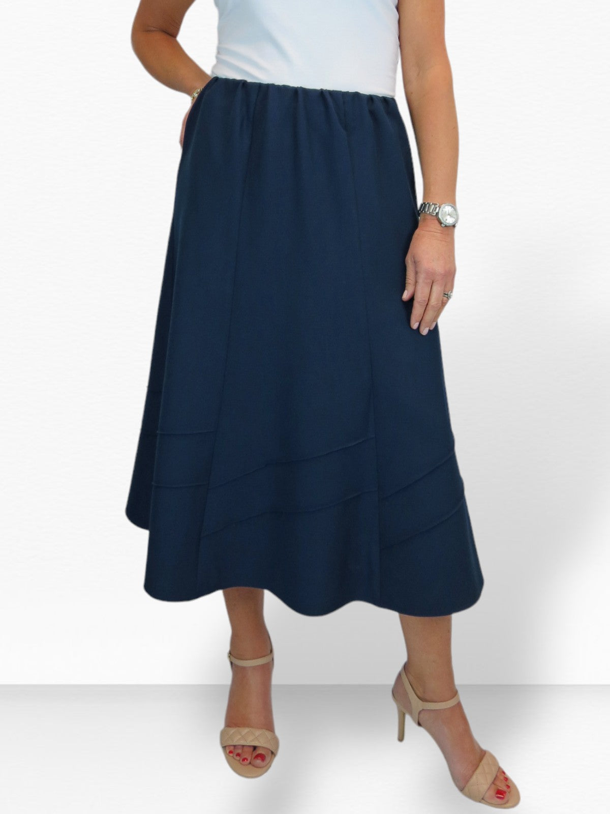 Women's Smart Flared Midi Skirt Elastic Waist Navy Blue