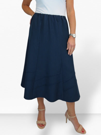 Women's Smart Flared Midi Skirt Elastic Waist Navy Blue