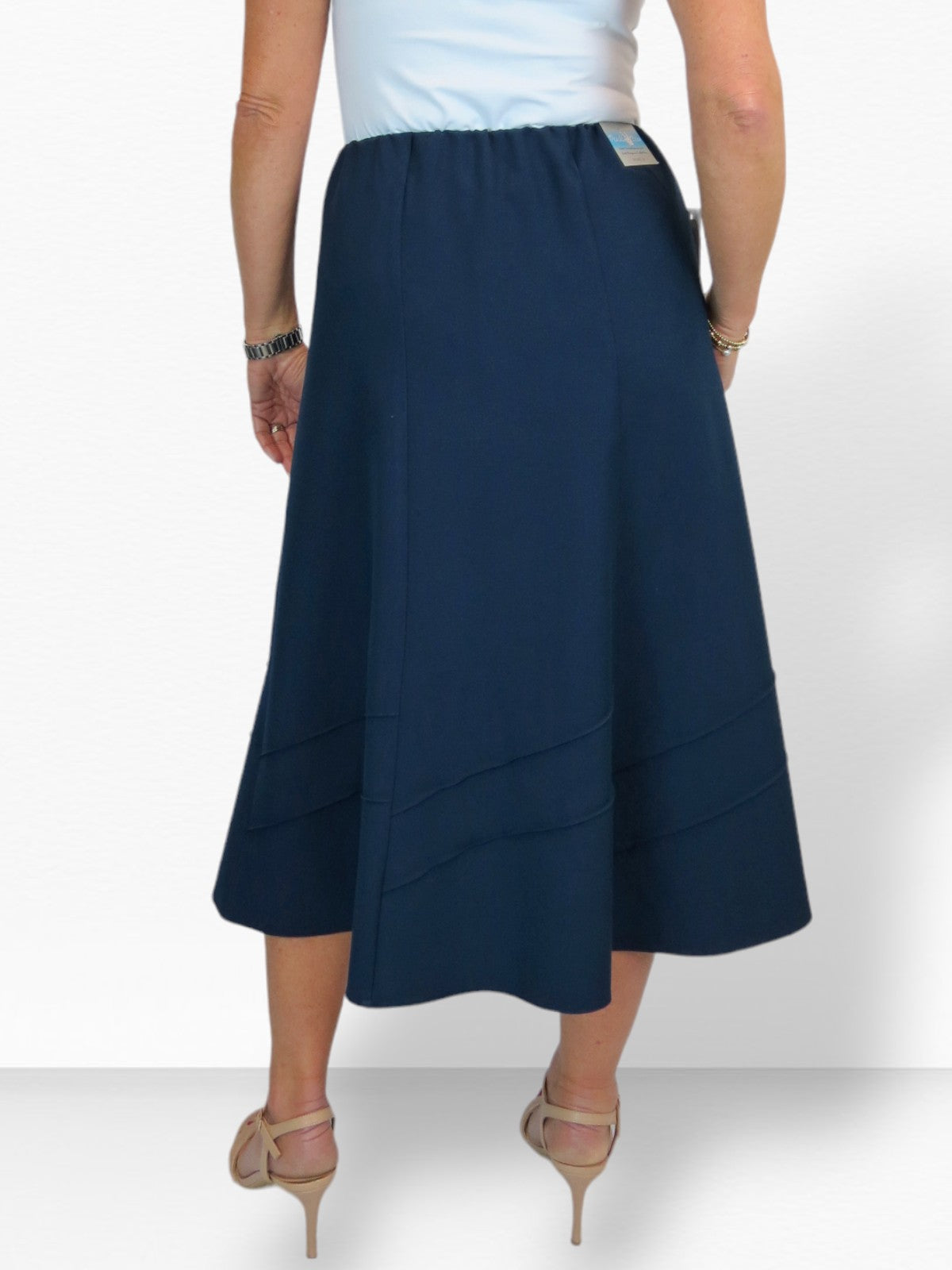 Women's Smart Flared Midi Skirt Elastic Waist Navy Blue