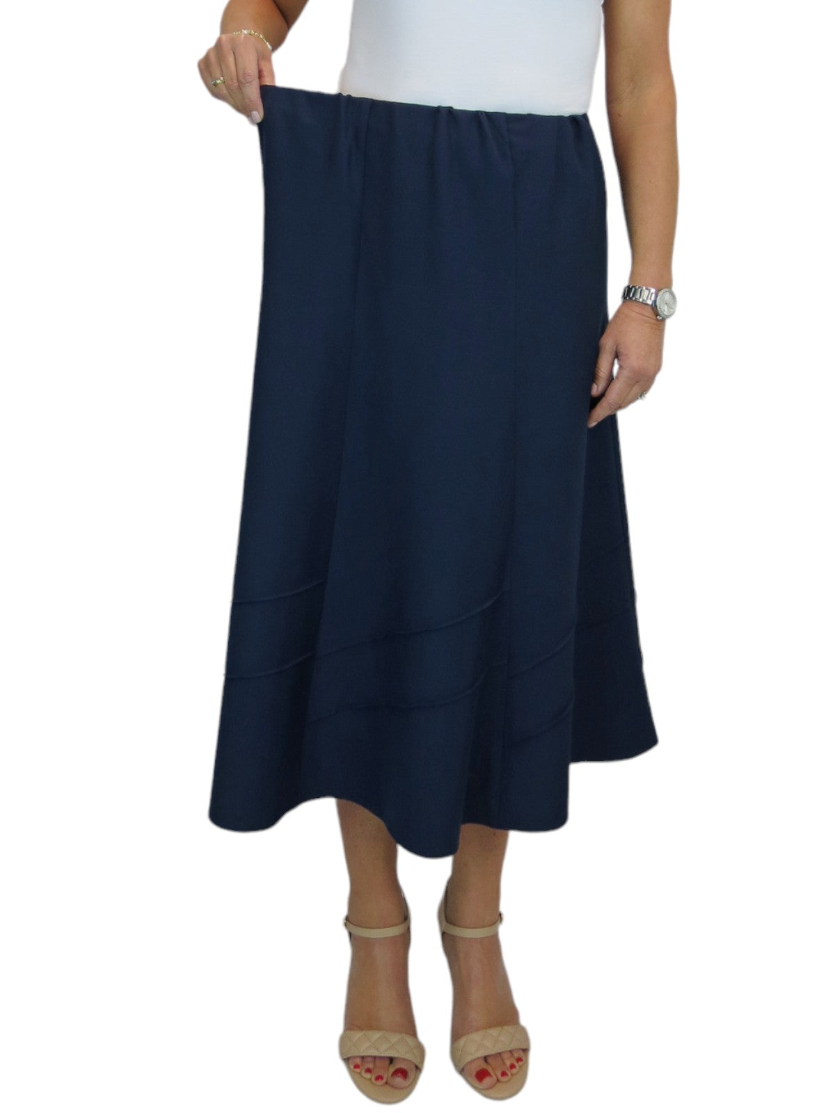 Women's Smart Flared Midi Skirt Elastic Waist Navy Blue