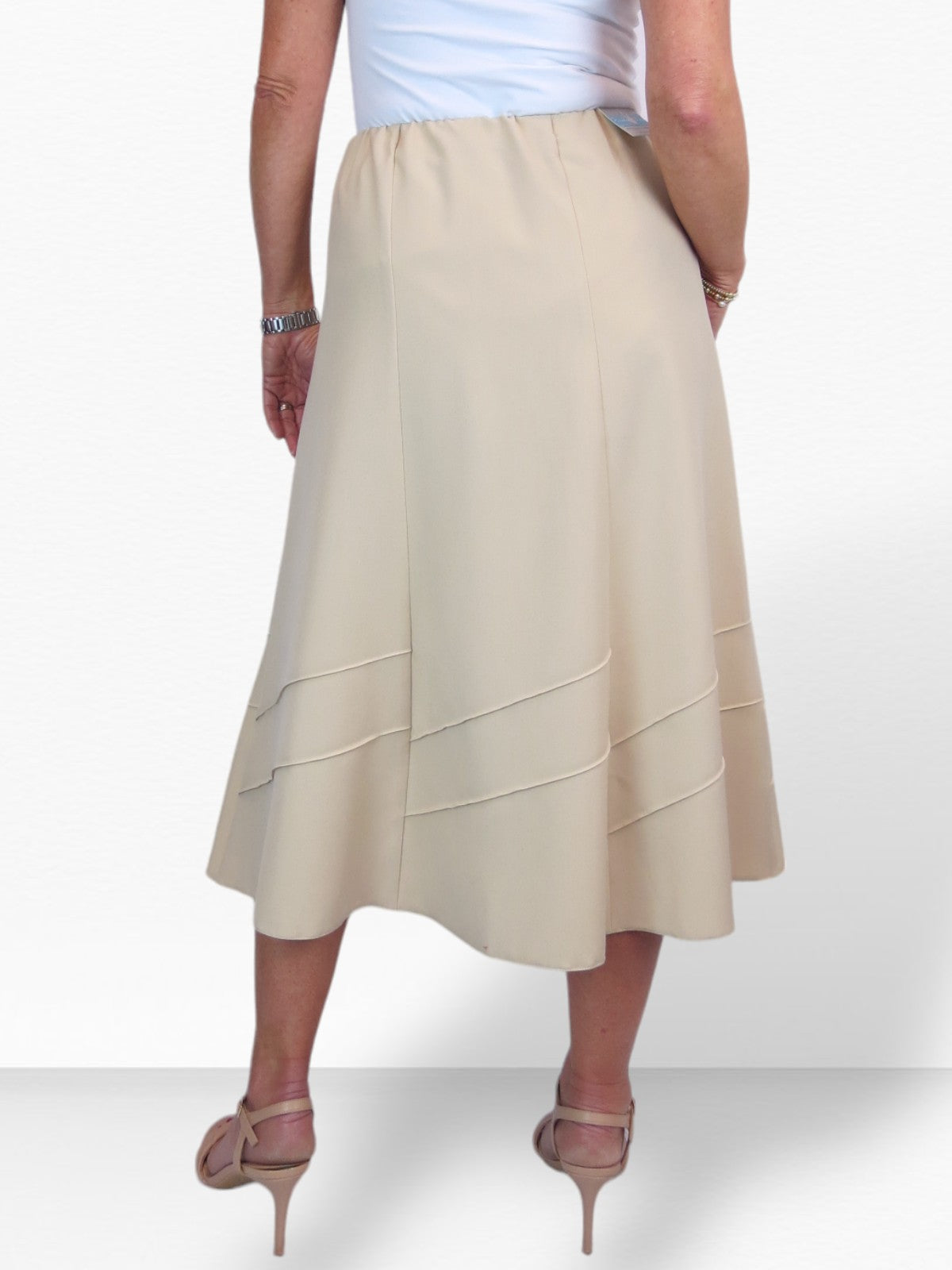 Women's Smart Flared Midi Skirt Elastic Waist Beige