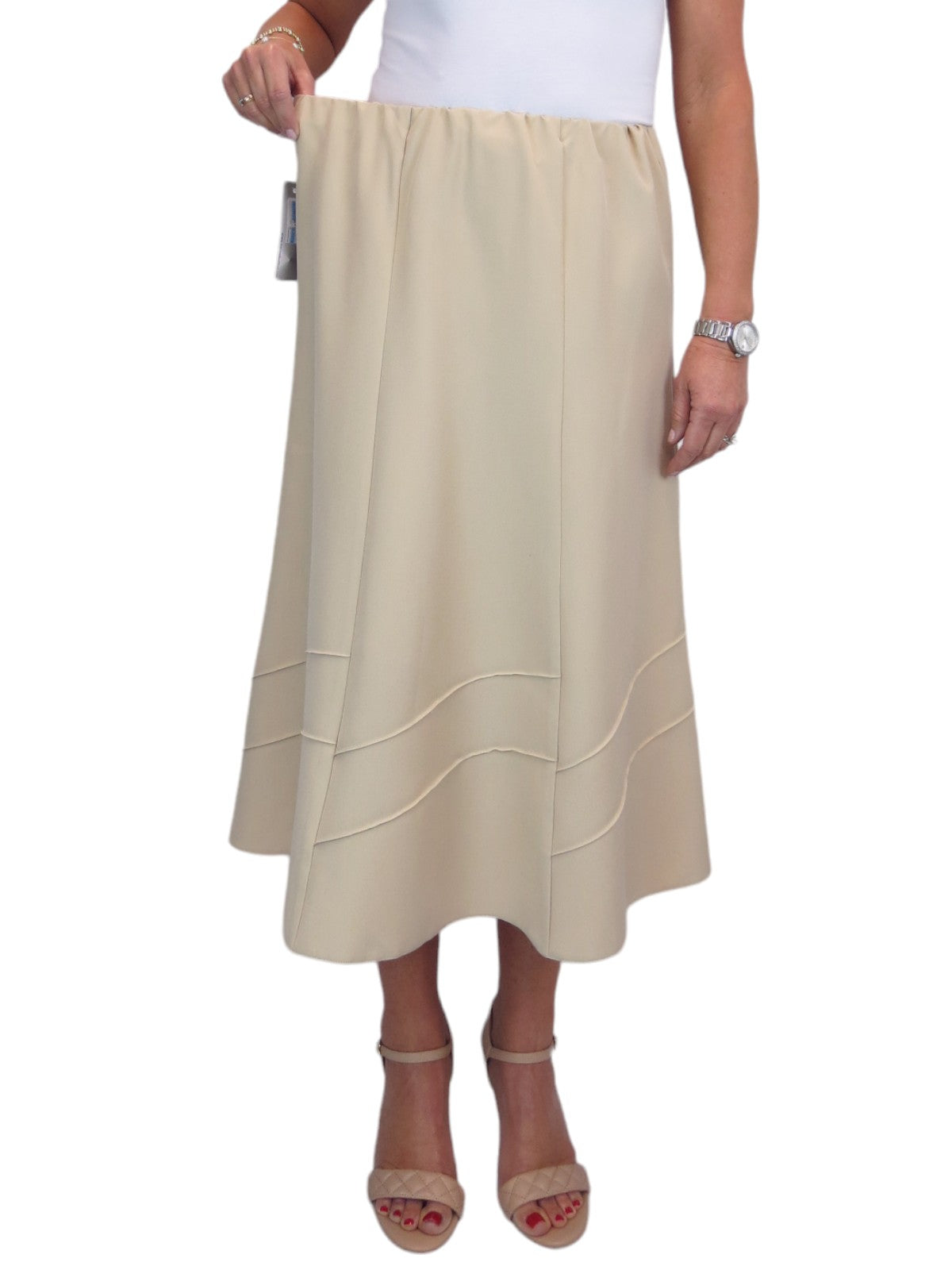 Women's Smart Flared Midi Skirt Elastic Waist Beige