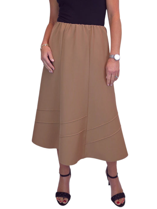 Women's Smart Flared Midi Skirt Elastic Waist Tan
