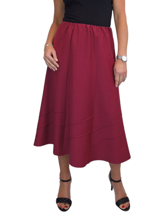 Women's Smart Flared Midi Skirt Elastic Waist Burgundy