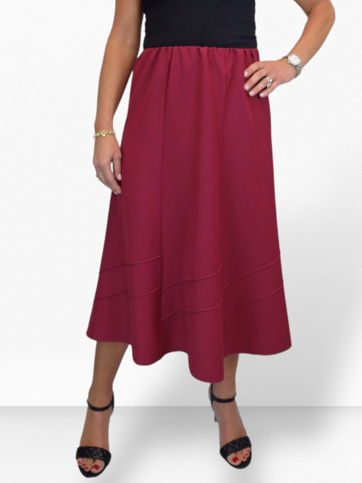 Women's Smart Flared Midi Skirt Elastic Waist Burgundy
