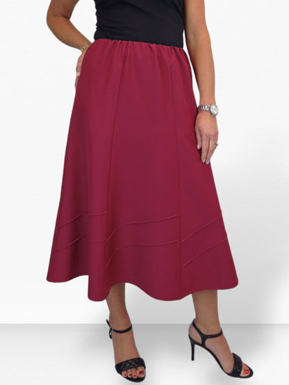 Women's Smart Flared Midi Skirt Elastic Waist Burgundy