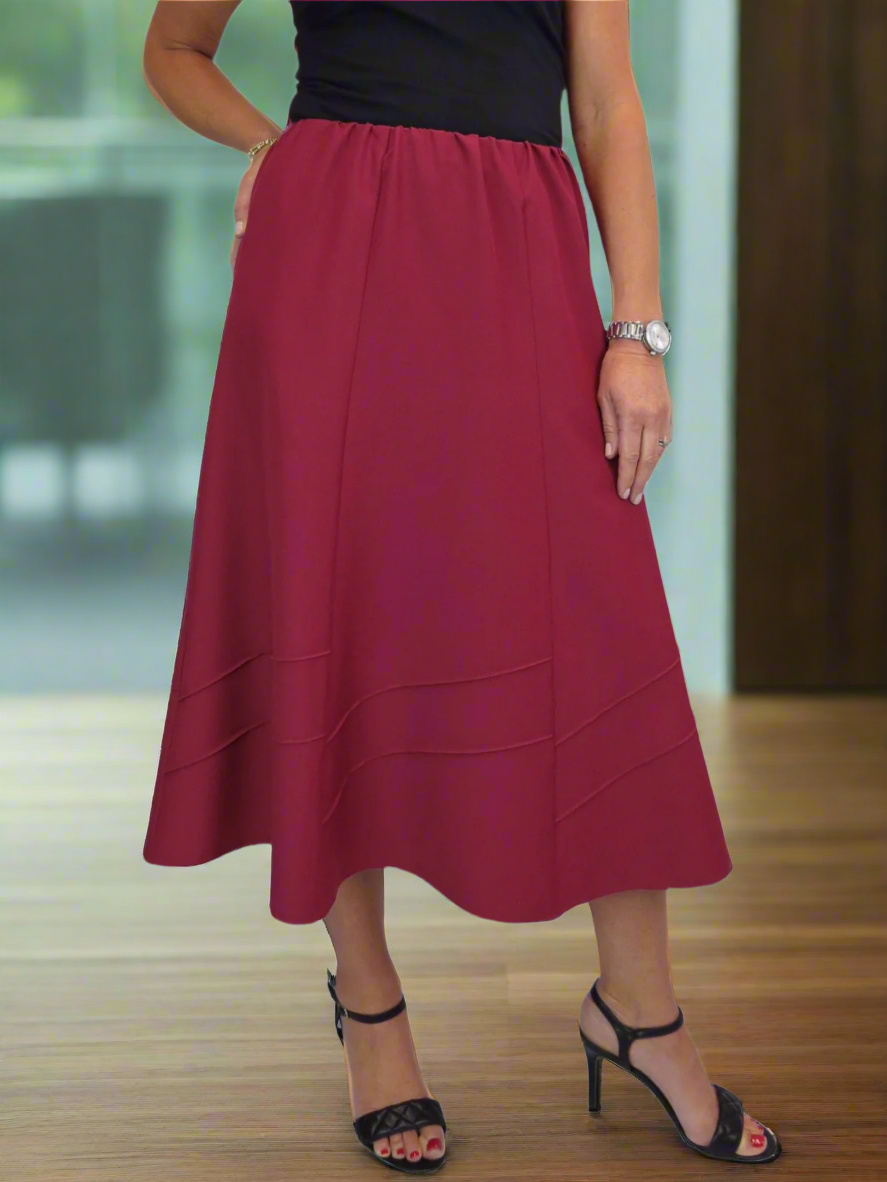 Women's Smart Flared Midi Skirt Elastic Waist Burgundy