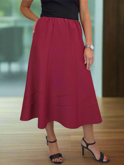 Women's Smart Flared Midi Skirt Elastic Waist Burgundy