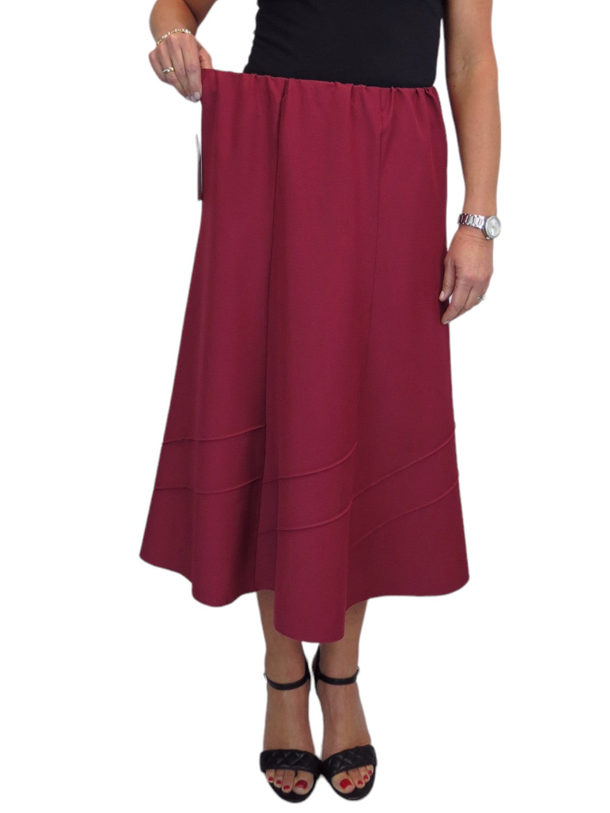 Women's Smart Flared Midi Skirt Elastic Waist Burgundy