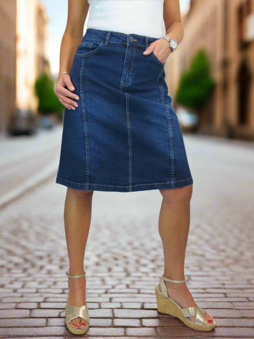 Women's Panelled Denim A Line Skirt Faded Indigo