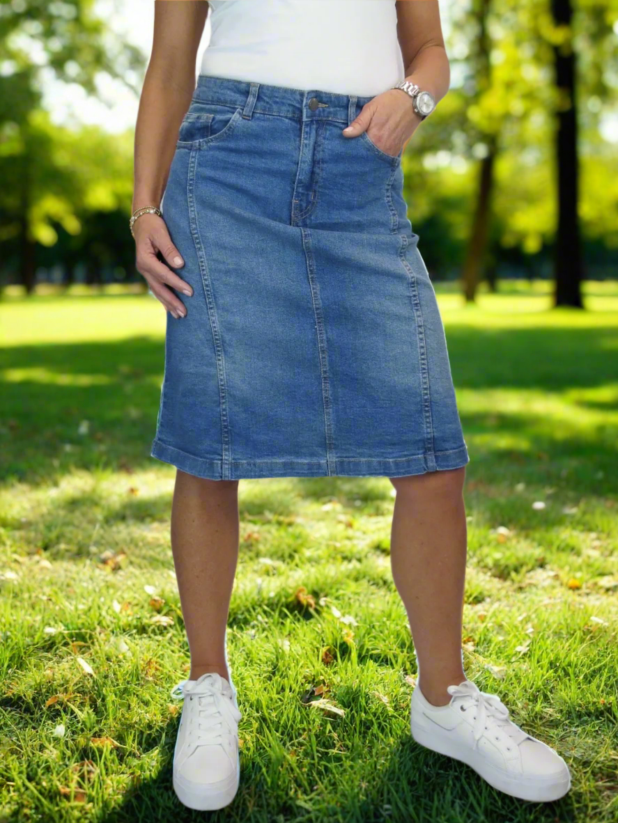 Women's Panelled Denim A Line Skirt Mid Blue Faded