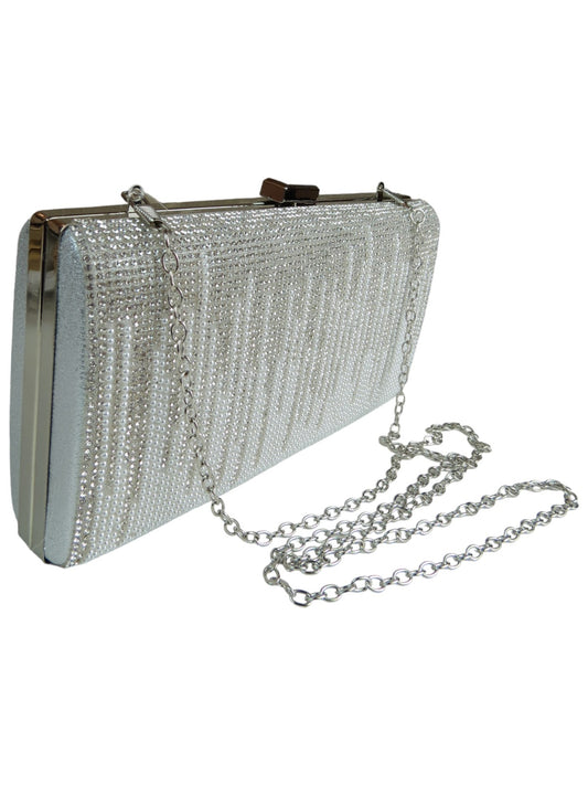 Dropping Diamantes Shiny Clutch Bag Silver