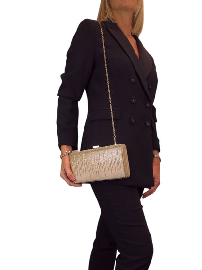 Dropping Diamantes Shiny Clutch Bag Gold