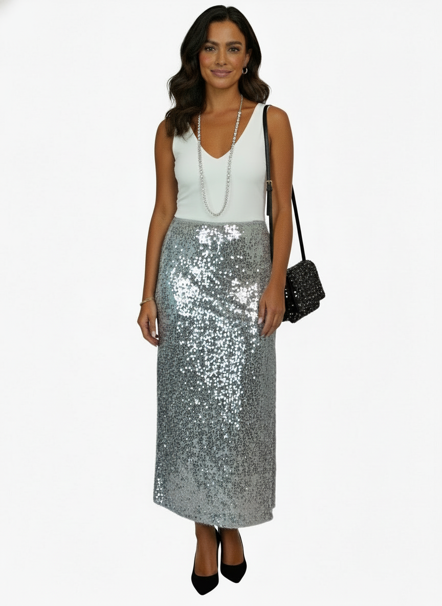 Women's Sequin Maxi Skirt With Side Slit Silver