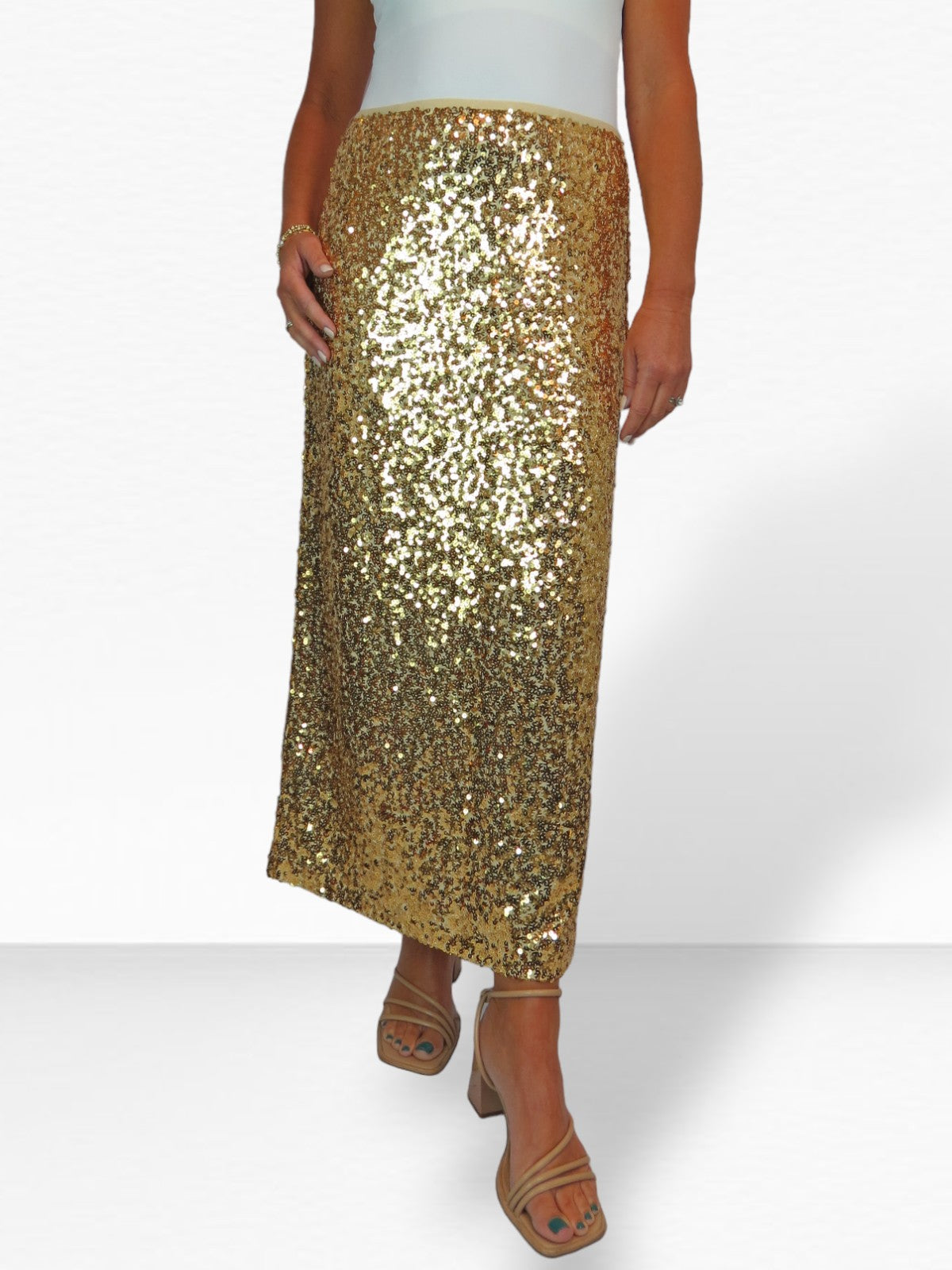 Womens Sequin Maxi Skirt With Side Slit Gold