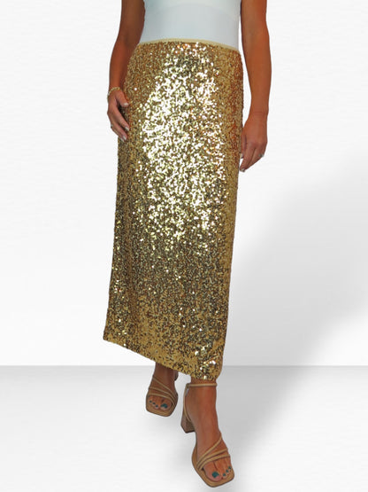 Womens Sequin Maxi Skirt With Side Slit Gold