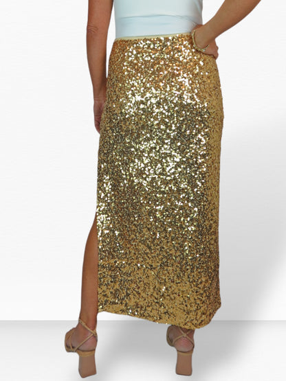 Womens Sequin Maxi Skirt With Side Slit Gold