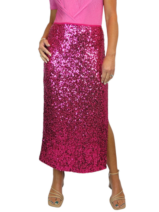 Womens Sequin Maxi Skirt With Side Slit Hot Pink