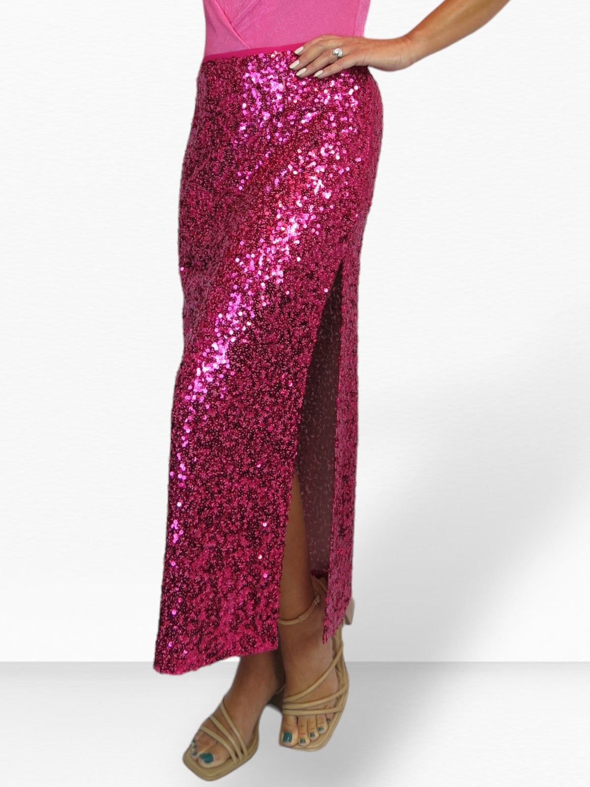 Womens Sequin Maxi Skirt With Side Slit Hot Pink
